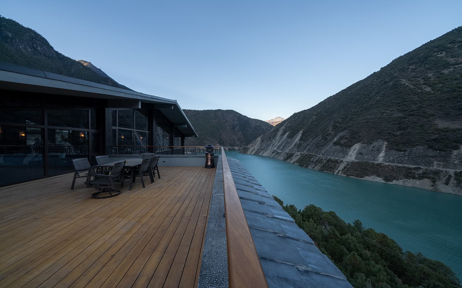 Open terrace at Songtsam Lodge Cizhong overlooking the Lancang River valley