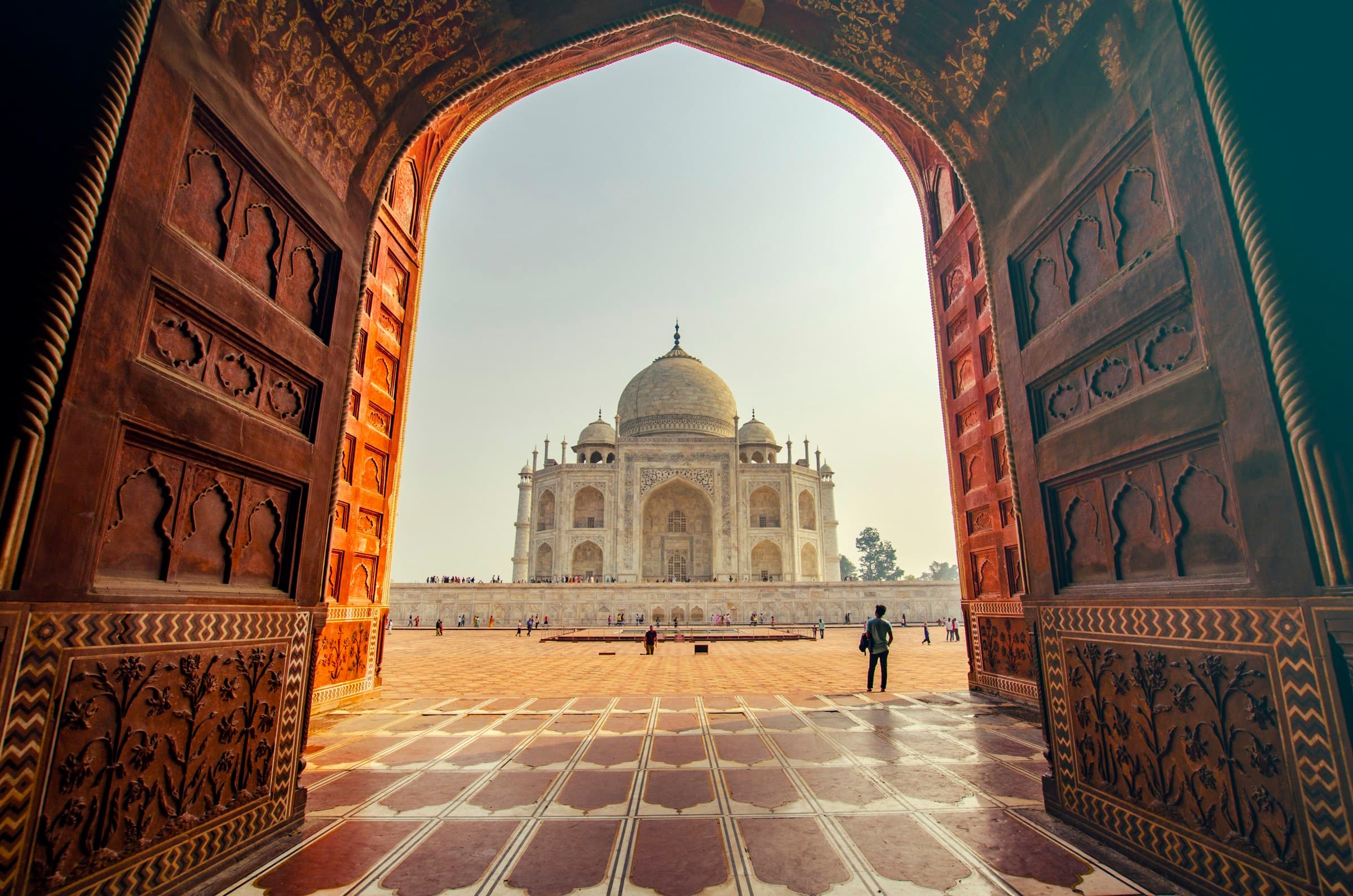 Ornate palace architecture and formal gardens in Rajasthan