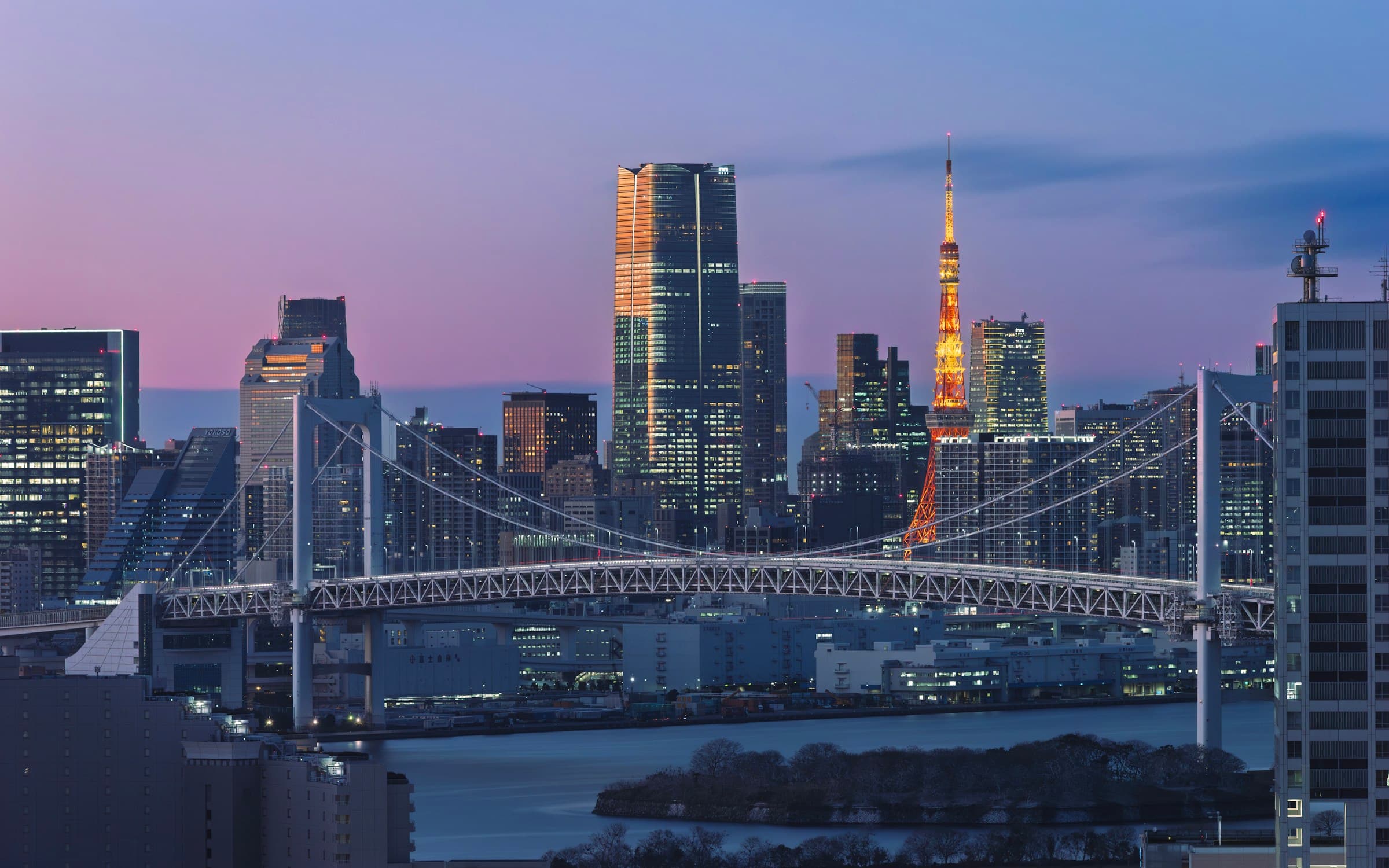 Tokyo skyline and Rainbow Bridge at dusk