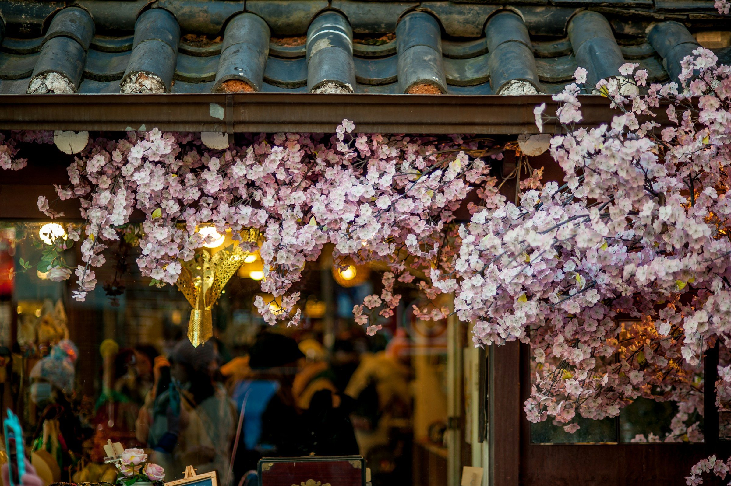 Traditional Korean roof tiles and courtyard detail
